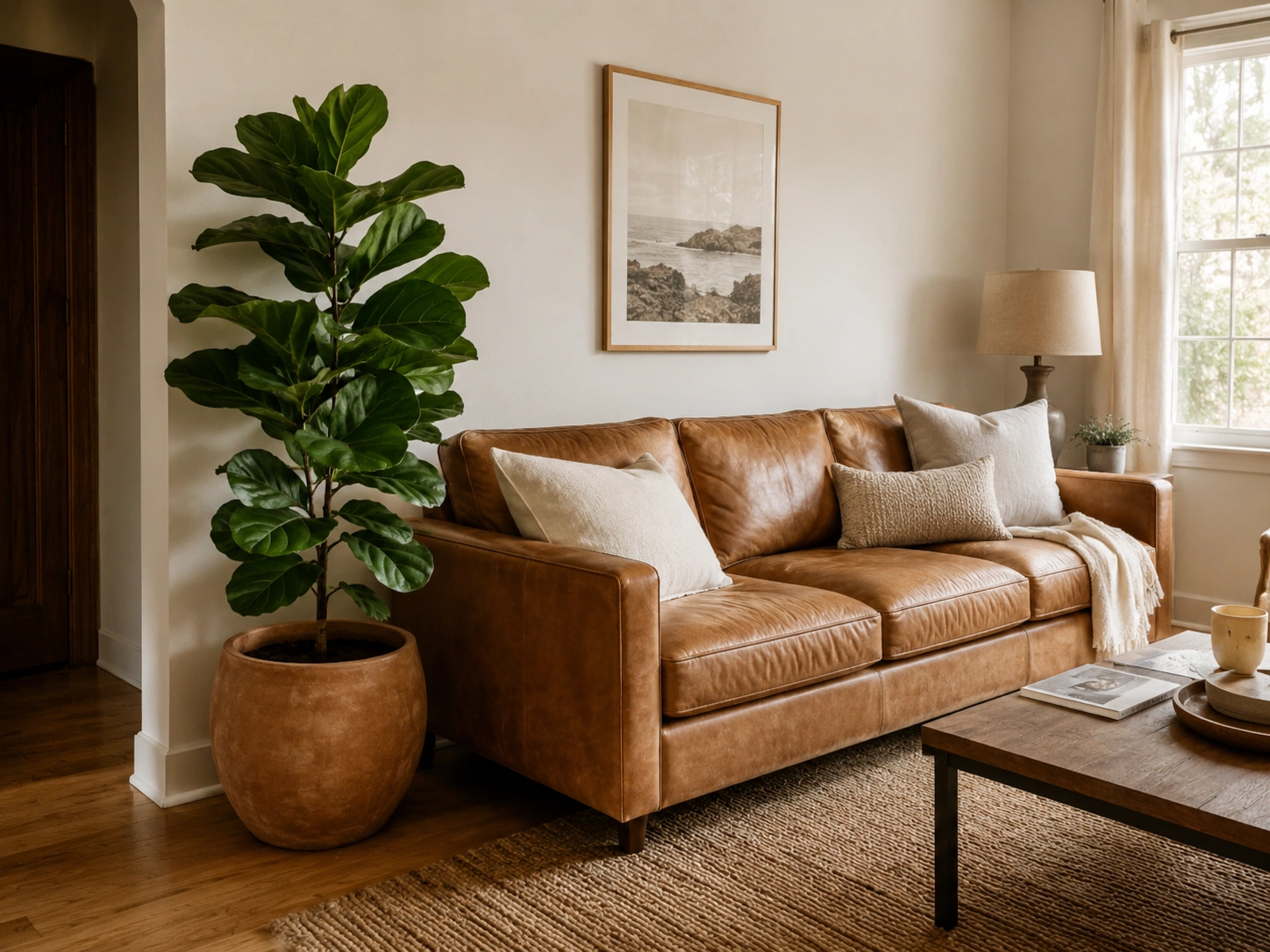 Fiddle leaf fig beside a tan leather couch in a warm neutral living room.