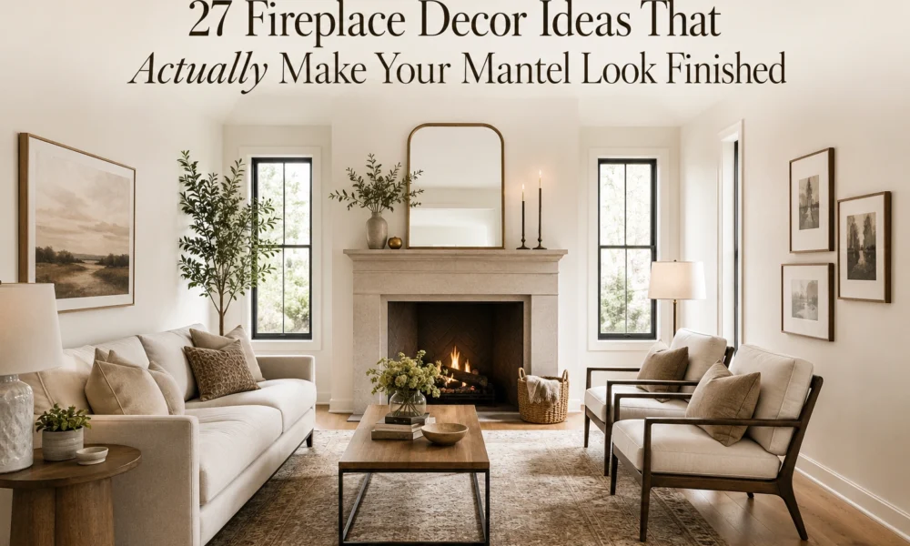 Elegant neutral living room with styled fireplace mantel, gold mirror, candles, sofa, and balanced seating.
