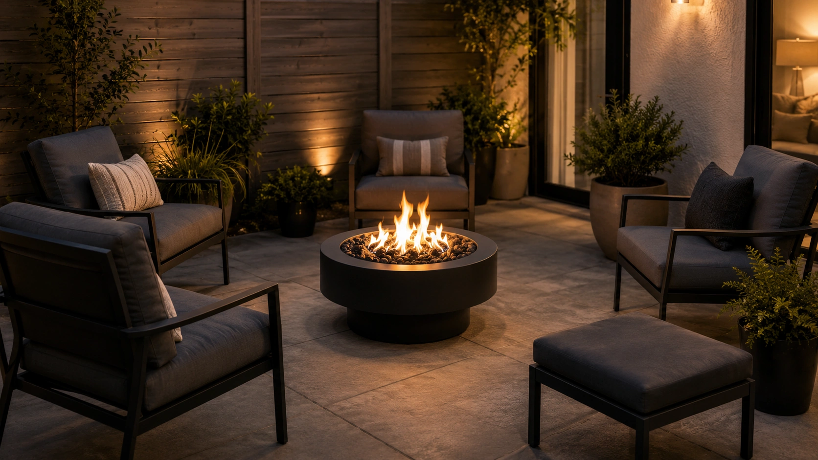 Fire pit circle with low outdoor lounge chairs on a cozy evening patio.