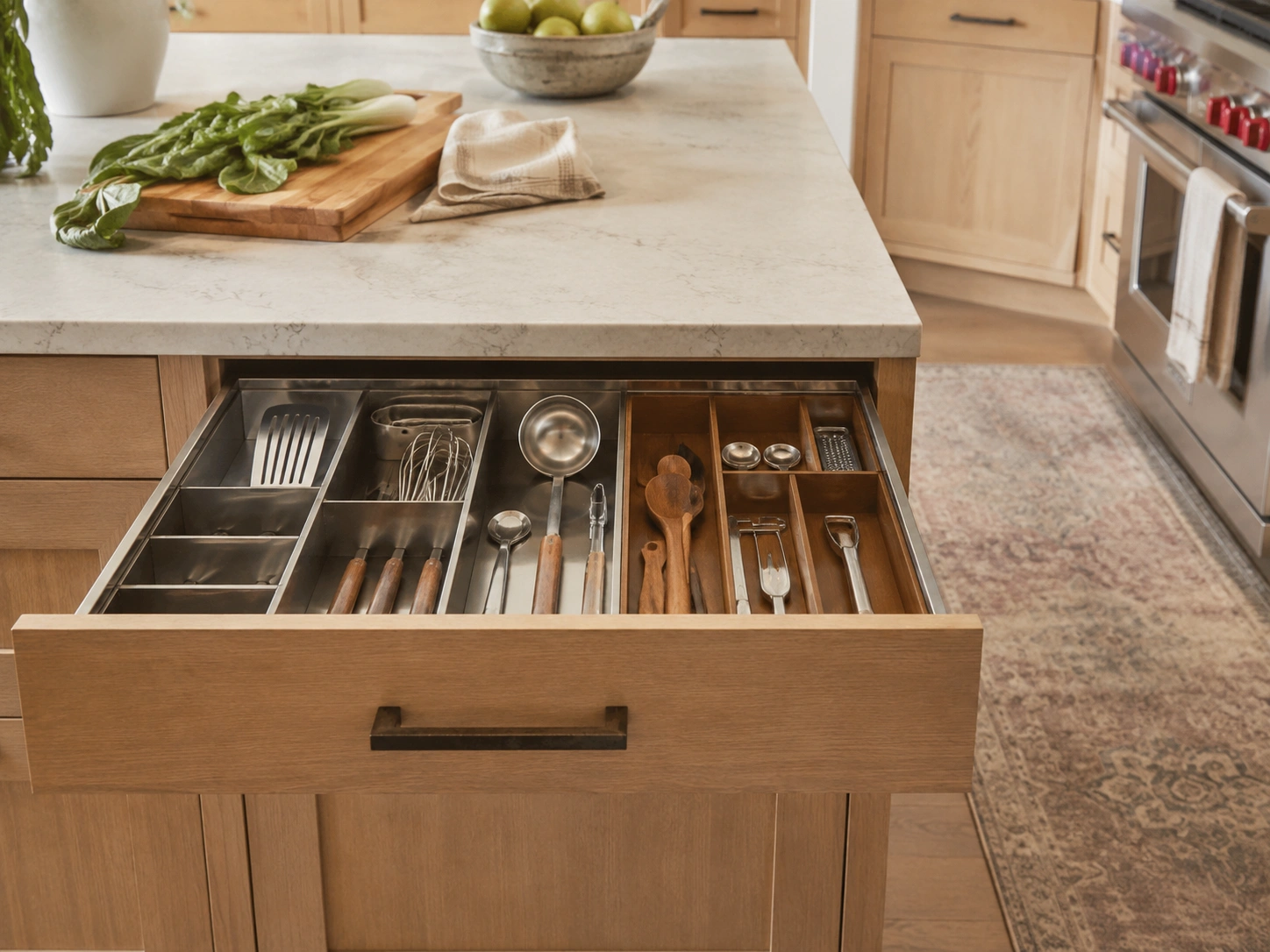 Fitted kitchen drawer divider system organizing spatulas, ladles, whisks, and wooden utensils.