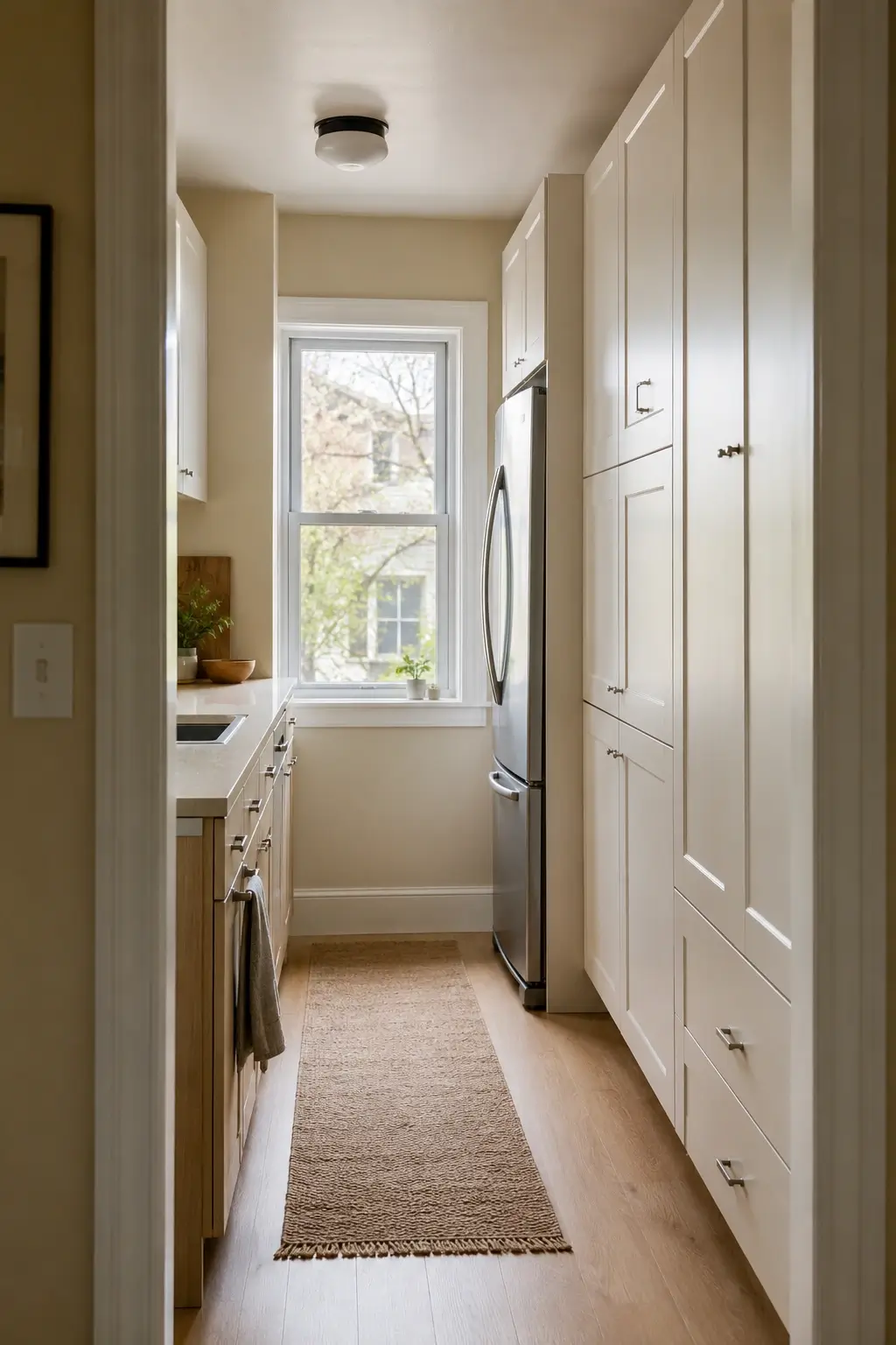 Narrow galley kitchen with one white flat-pack storage wall, stainless fridge, window, and runner rug.