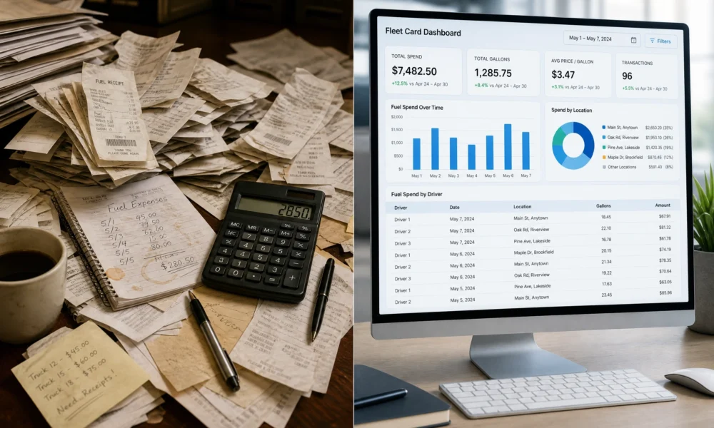 Fuel receipts beside a fleet card dashboard showing driver spend, gallons, locations, and transactions