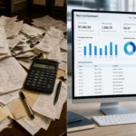 Fuel receipts beside a fleet card dashboard showing driver spend, gallons, locations, and transactions