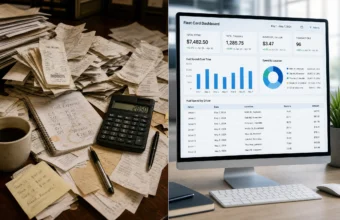 Fuel receipts beside a fleet card dashboard showing driver spend, gallons, locations, and transactions