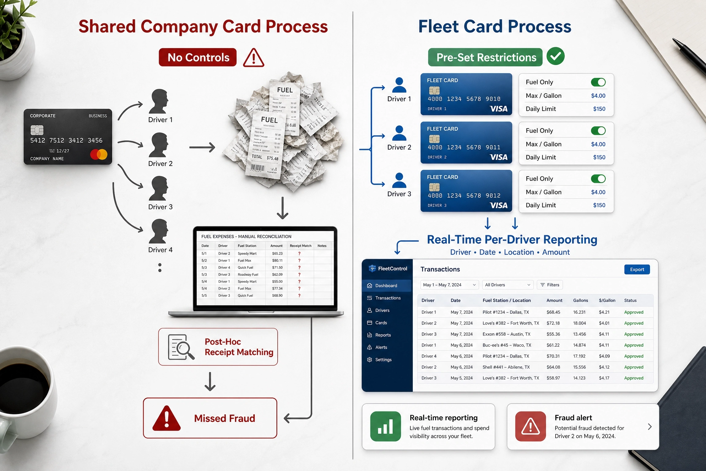 Infographic comparing shared company card receipt matching with fleet card controls and driver reporting.