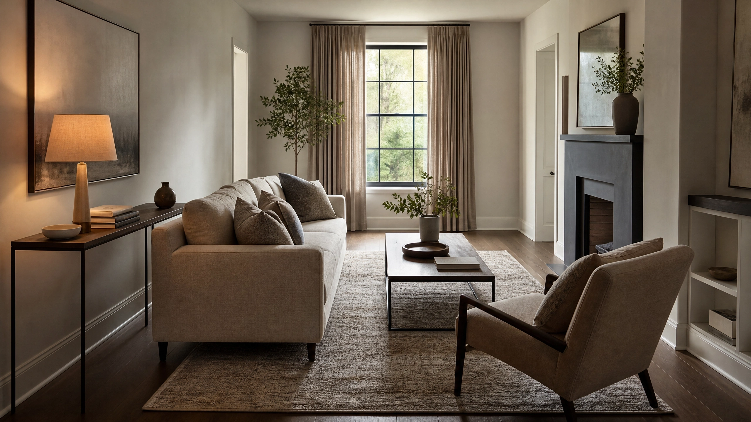 Neutral living room with sofa floated away from the wall for better seating flow