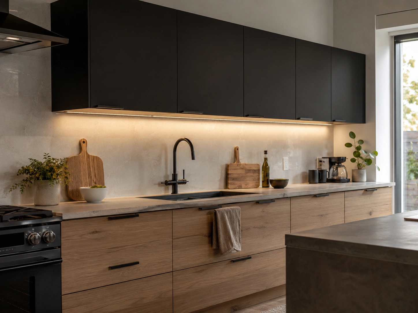 Floating black wall cabinets with warm underside lighting above wood lower cabinets in a modern kitchen.