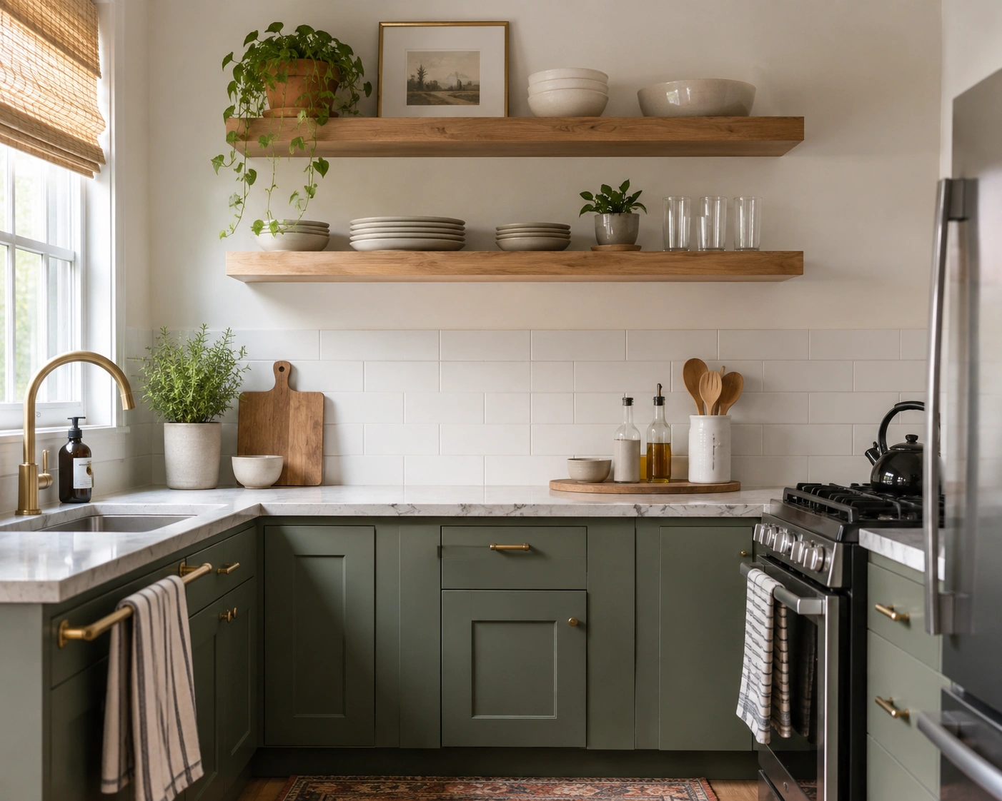 Small kitchen with floating wood shelves styled sparingly above sage cabinets and white tile backsplash.