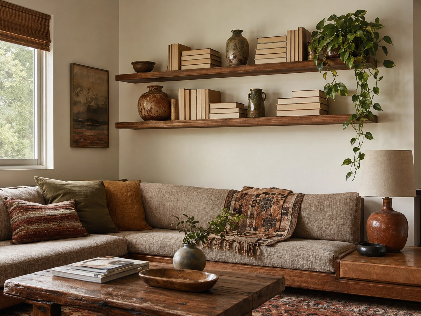Floating wood shelves styled with vintage pottery, earth-toned books, and trailing plants above a neutral sofa