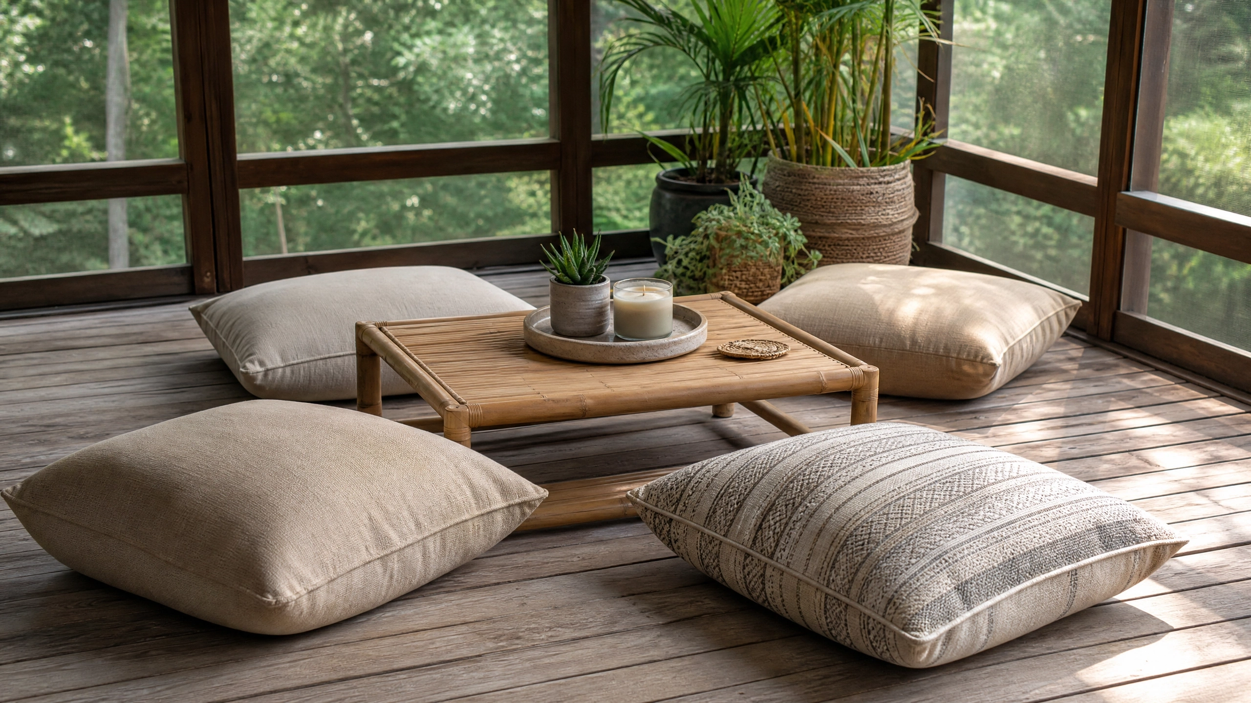 Floor cushion lounge on a screened porch with a low teak table, potted plants, candle, and wooded view.