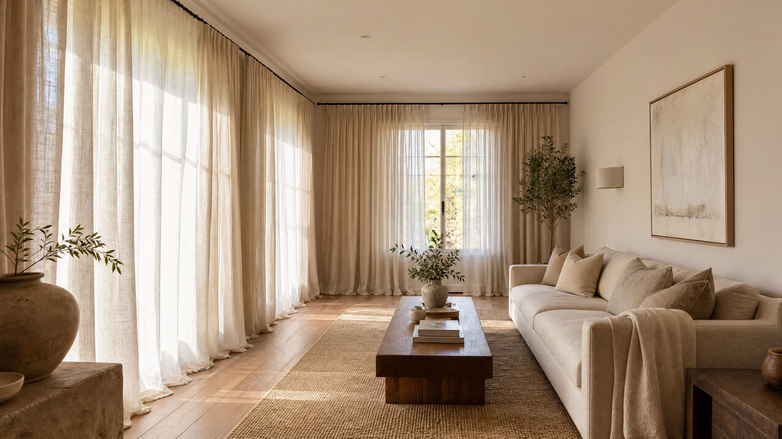 Neutral living room with floor-to-ceiling curtains on long walls, beige sofa, wood coffee table, and soft natural light.