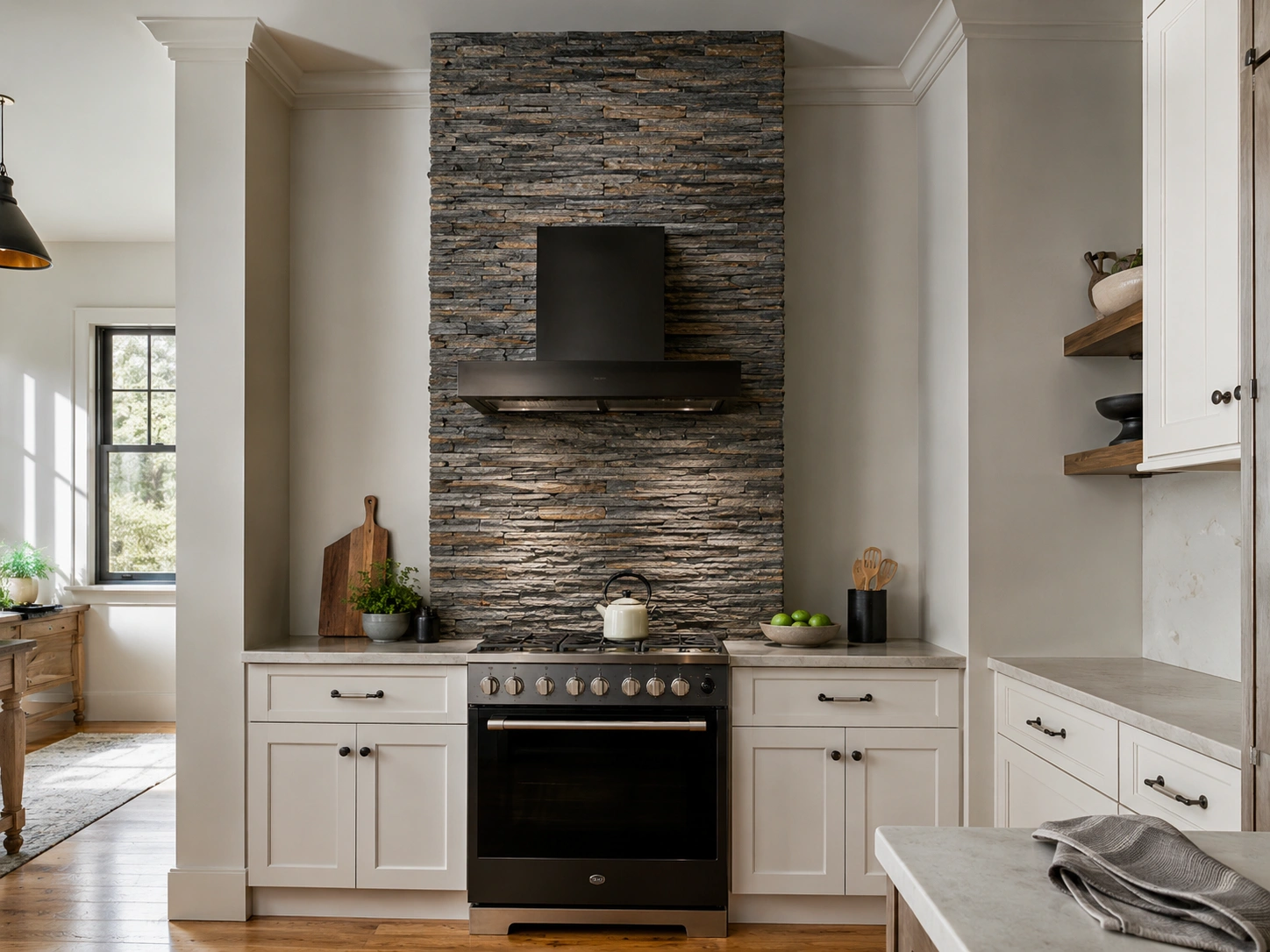 Kitchen range with floor-to-ceiling stacked stone backsplash and black hood above cream cabinets.