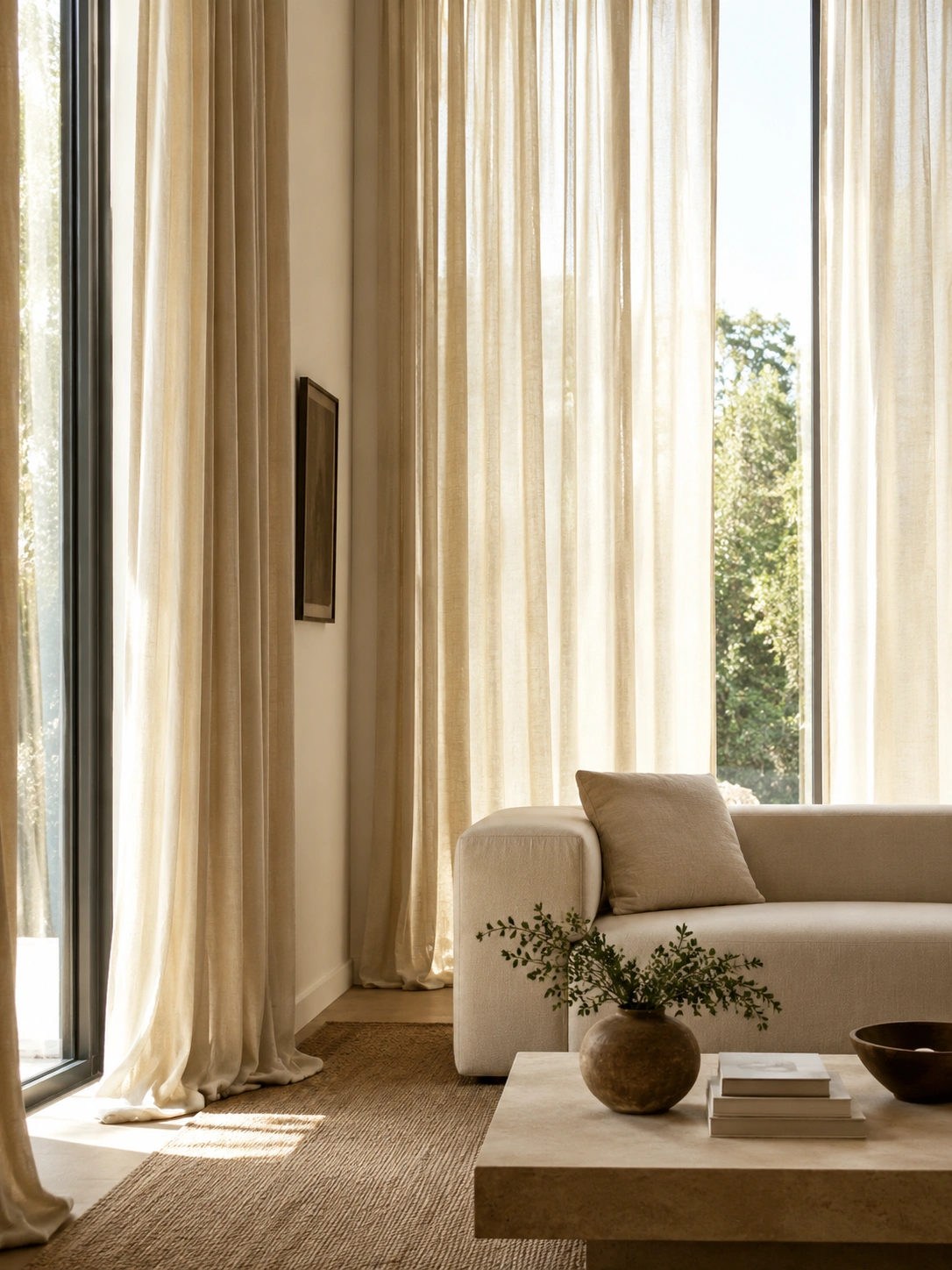Floor-to-ceiling warm ivory linen curtains filtering sunlight in a modern living room.