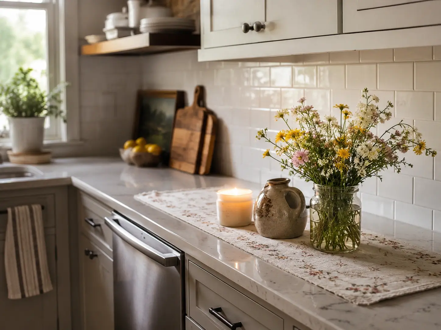 Dry kitchen counter with a floral linen runner, wildflowers, and candle beside a white subway tile backsplash.