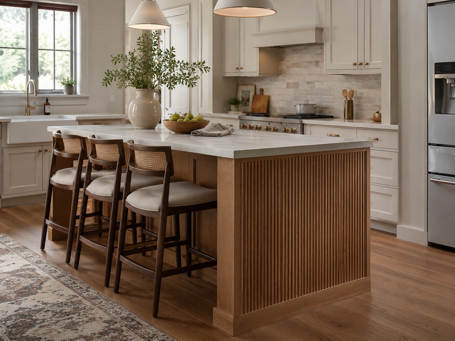Warm kitchen island with fluted wood end panel, cream cabinets, marble countertop, and cane bar stools.