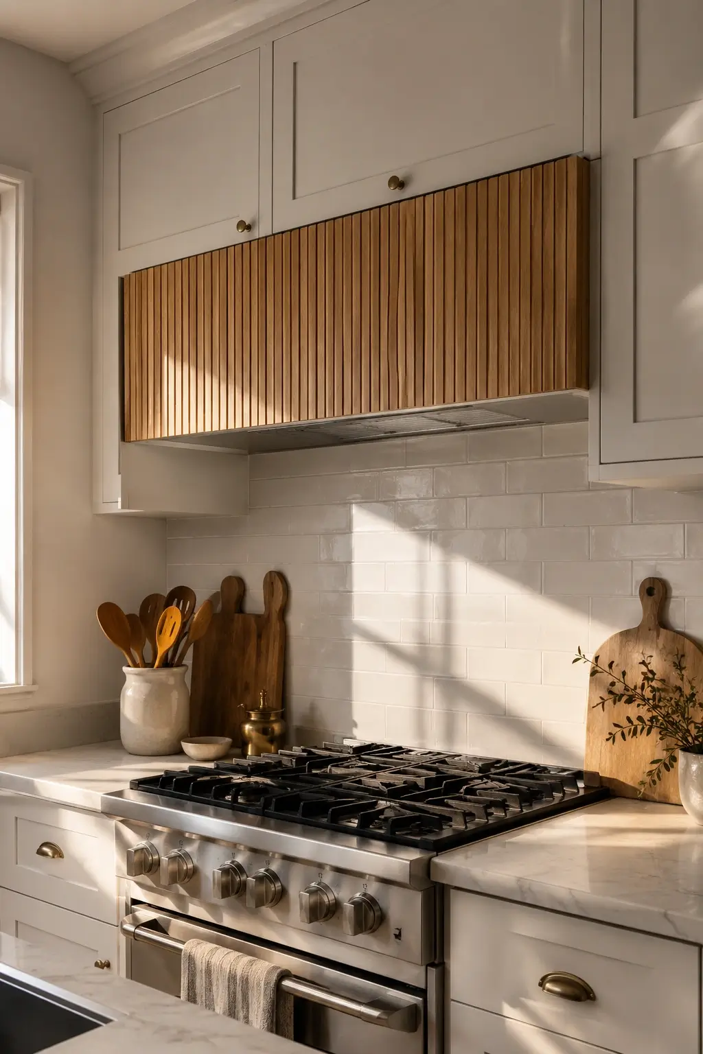 Fluted wood panel over a flat range hood adds texture in a cream kitchen with white tile backsplash