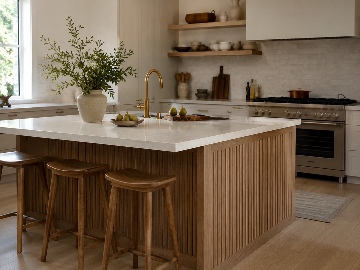 Kitchen island with fluted wood panel base, white countertop, brass faucet, and warm modern styling.