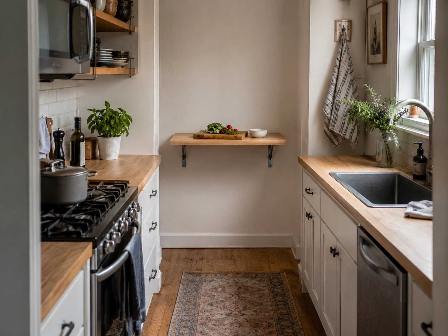 Small galley kitchen with a fold-down wooden shelf at the dead end for extra prep space
