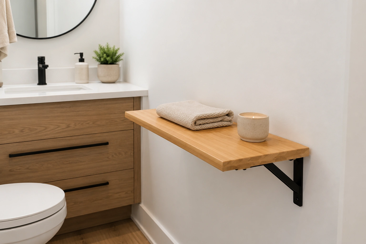 Fold-down wood wall shelf with towel and candle in a tiny modern bathroom beside a vanity.