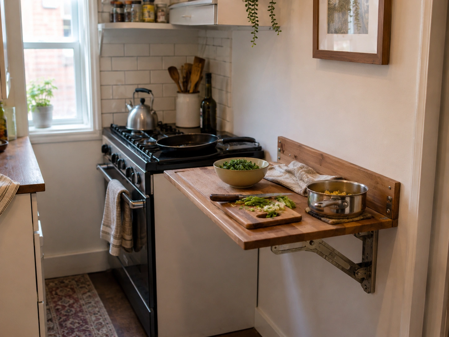 Wall-mounted fold-out wood shelf adds extra prep space beside the stove in a narrow small kitchen.