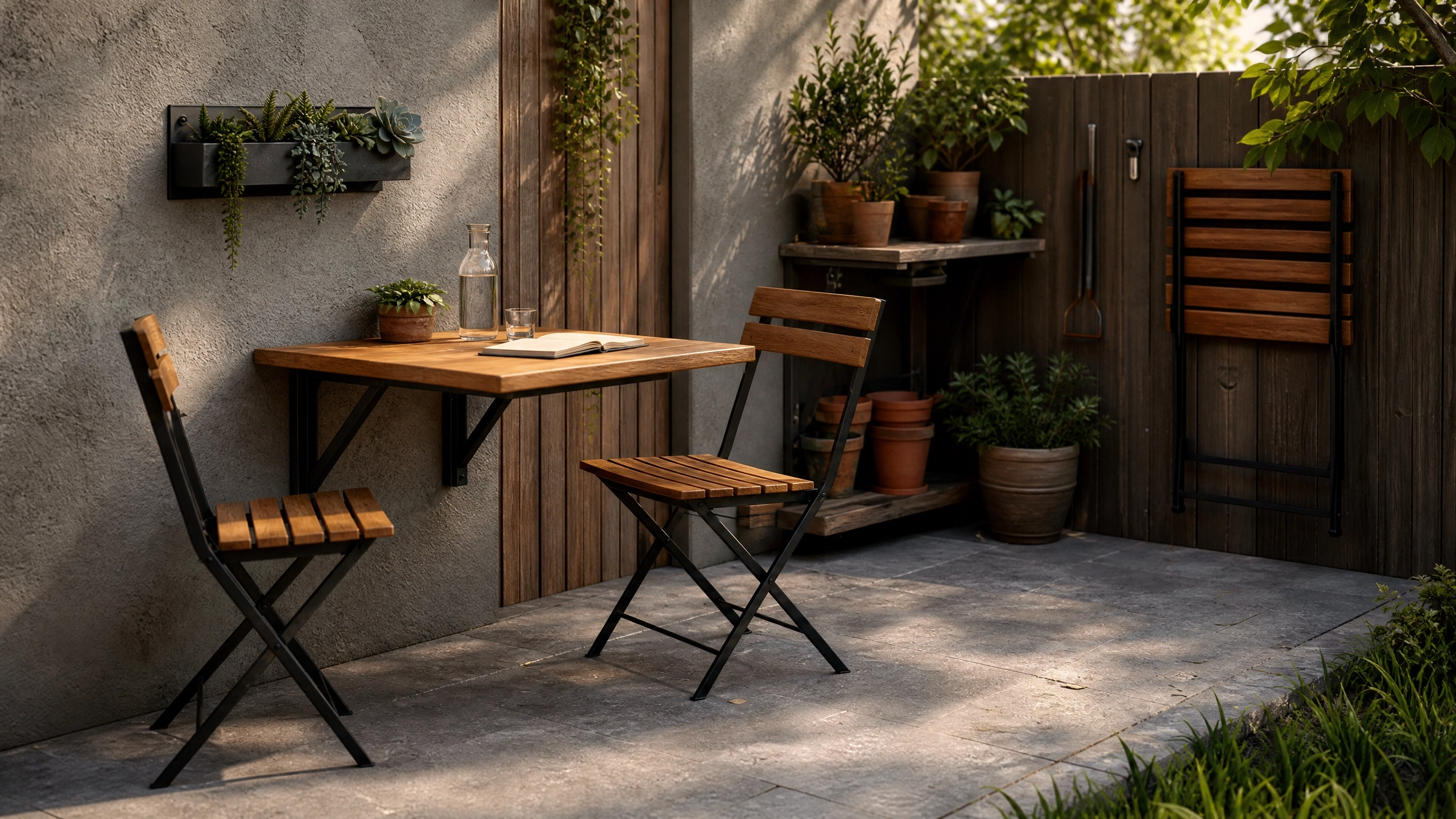 Small patio with folding wooden bistro chairs, wall-mounted table, and planters for a double-duty outdoor space.