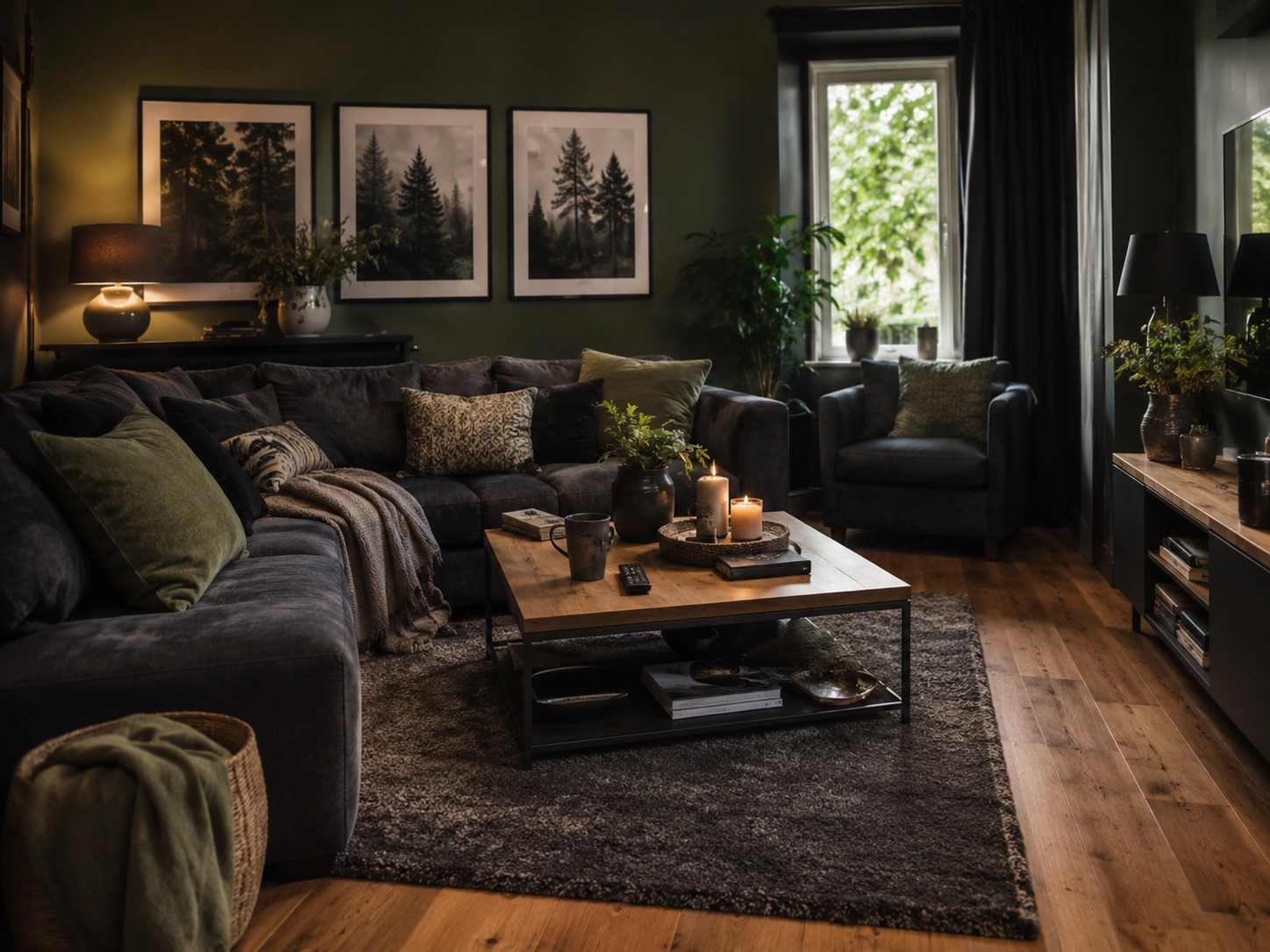 Forest green and charcoal living room with warm wood flooring, dark sofa, candles, plants, and moody decor.