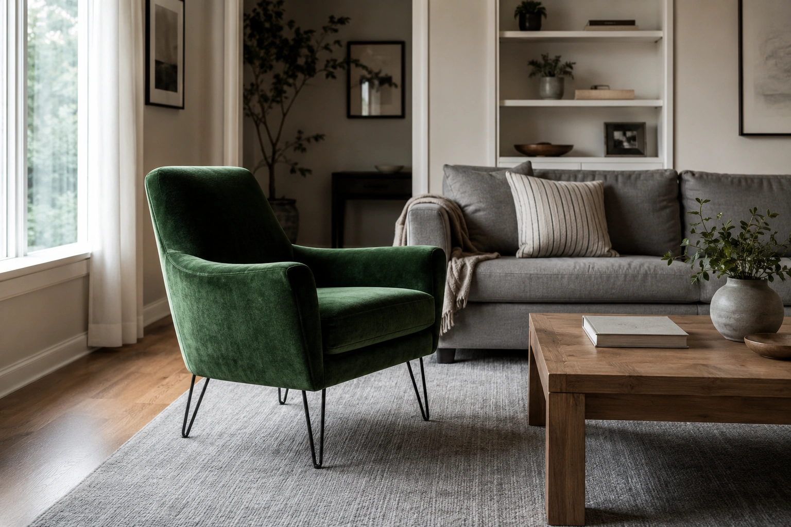 Forest green velvet accent chair on a grey rug beside a grey sofa in a cozy modern living room.