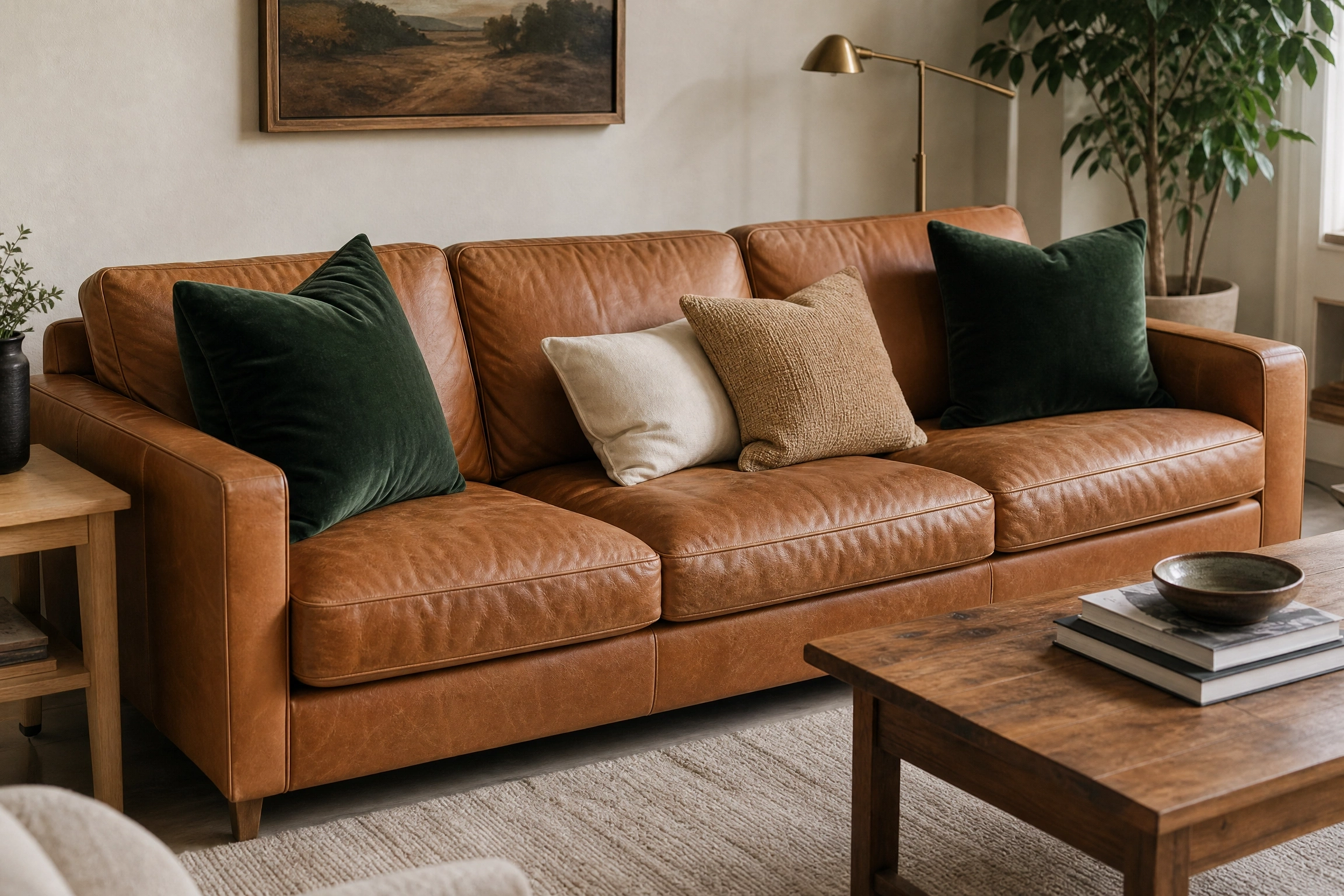 Tan leather couch styled with forest green velvet throw pillows and neutral accents in a cozy living room.