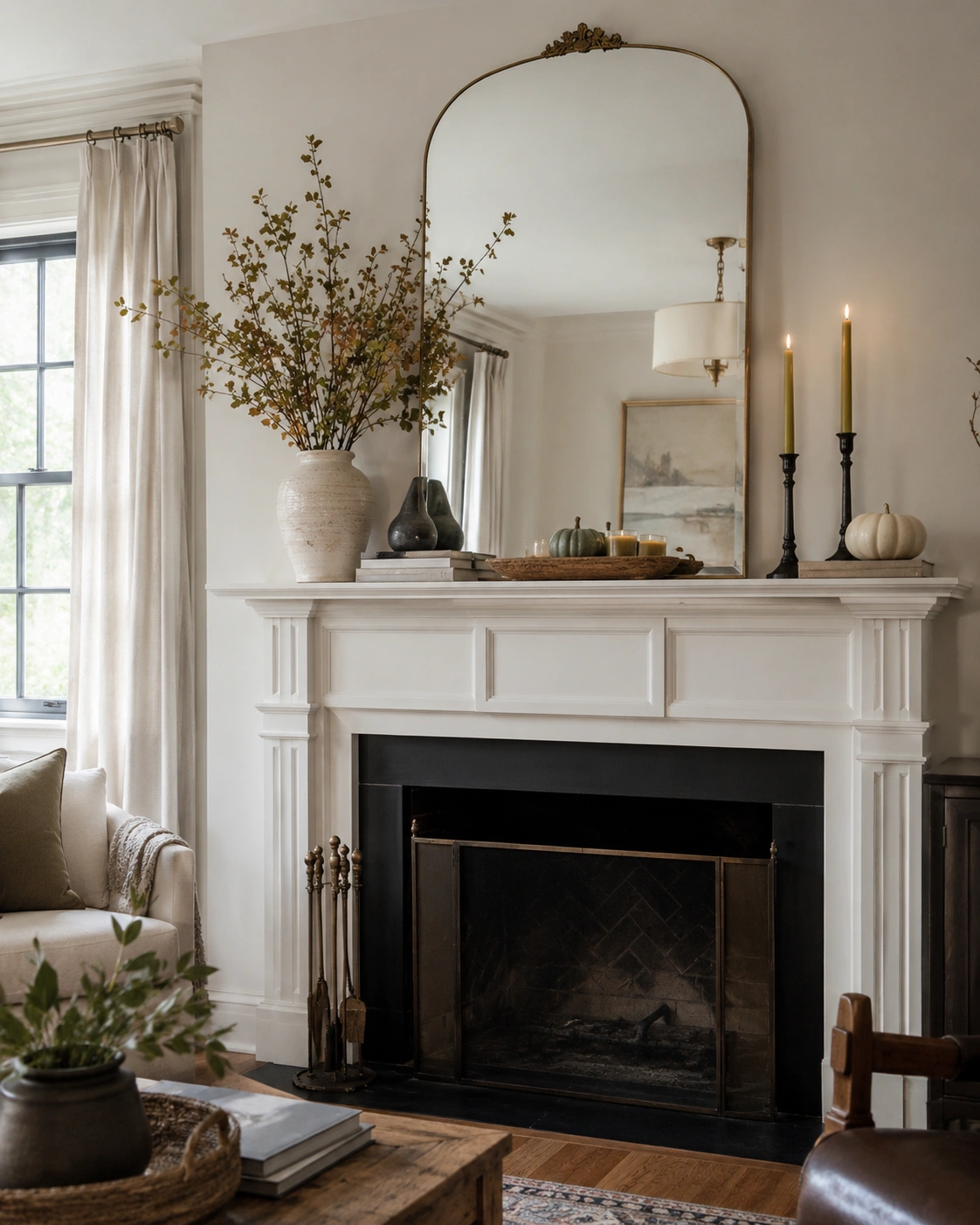 Neutral fireplace mantel with arched mirror, vase branches, candles, and small pumpkins for seasonal layering.