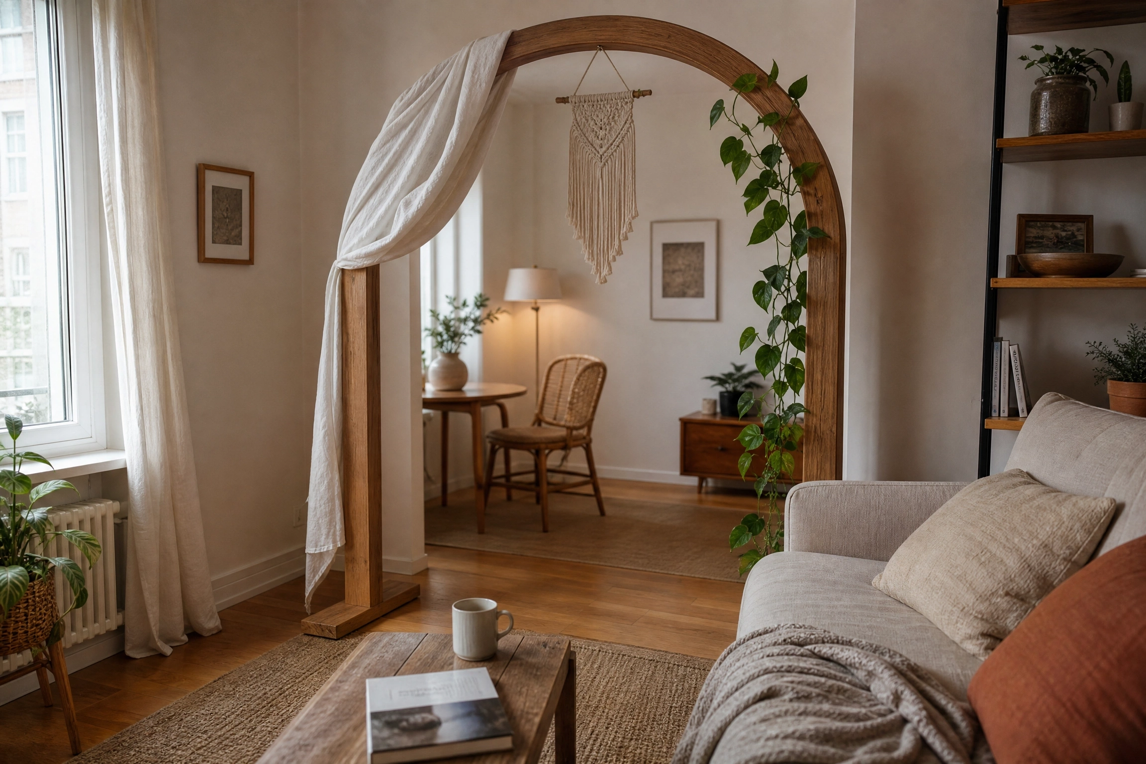 Freestanding wooden arched frame with linen drape dividing a cozy boho living room.