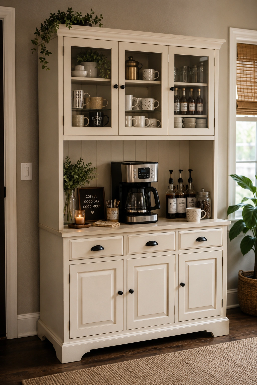 Freestanding white coffee hutch with mugs, coffee maker, syrups, and glass cabinets in a cozy kitchen corner
