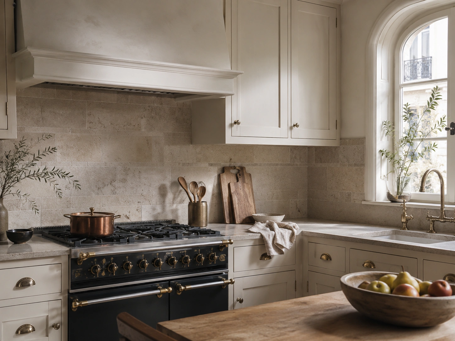 French limestone tile backsplash in a Parisian kitchen with cream cabinets and brass fixtures.