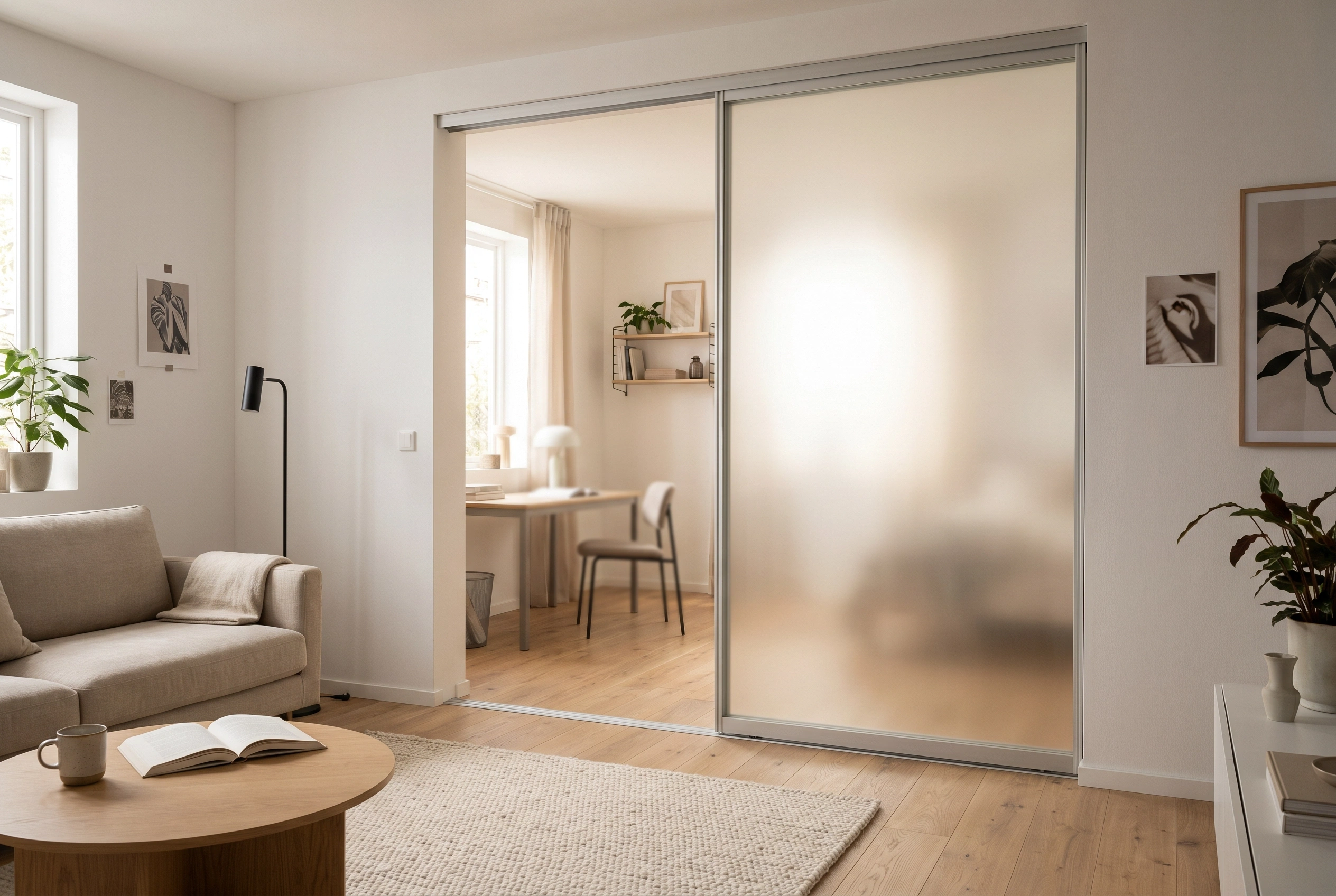 Frosted glass sliding door in a low-profile floor track dividing a bright apartment living room and home office.