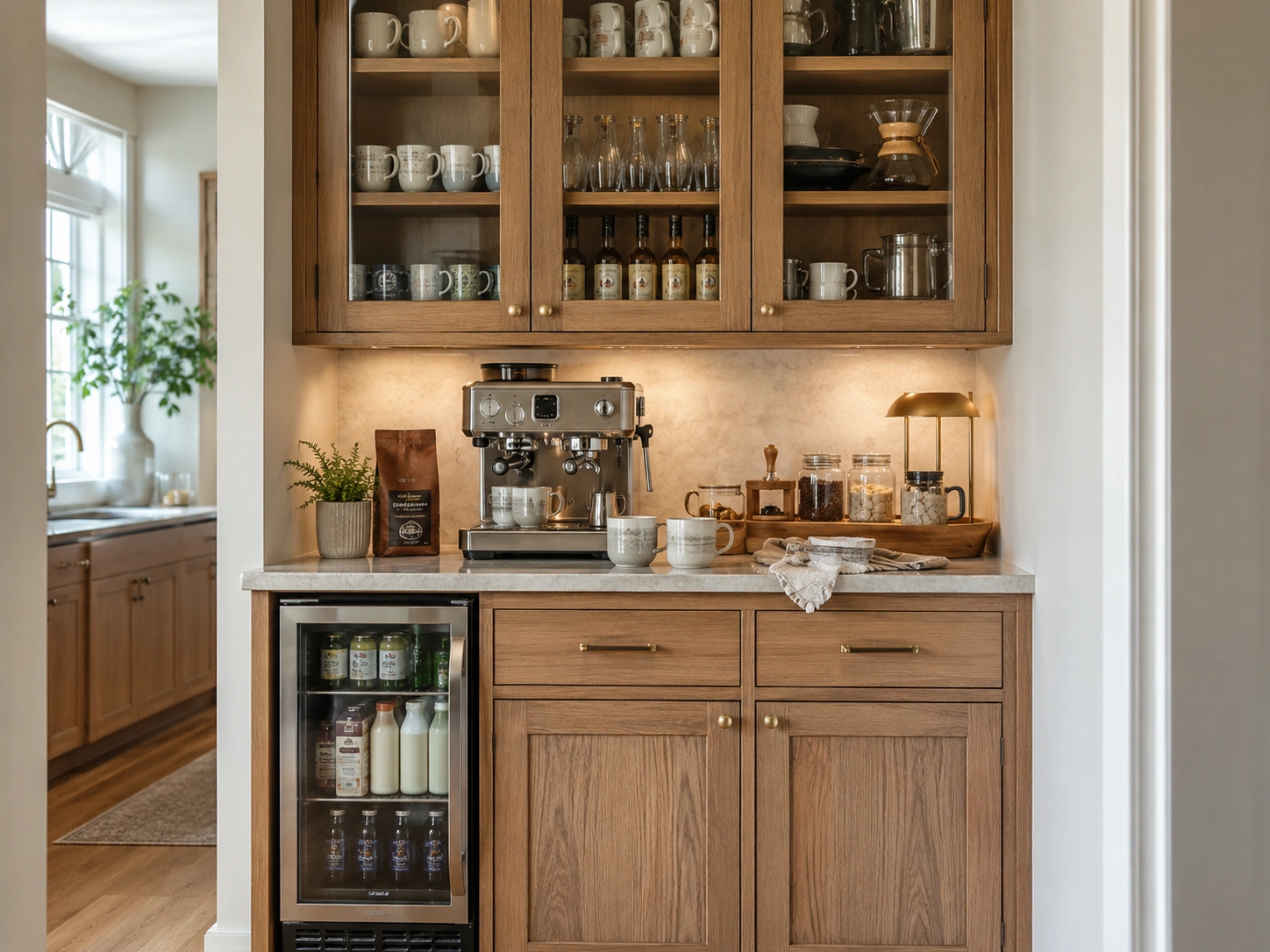 Full cabinet coffee hutch with upper glass storage, lower cabinets, espresso machine, and drink fridge.