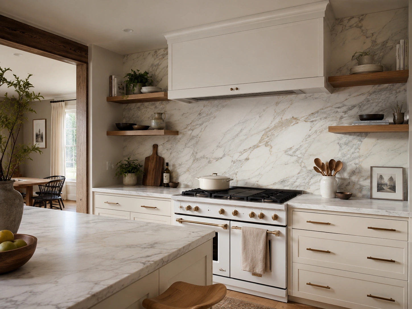 Full-height Calacatta marble slab backsplash from counter to ceiling in a warm white kitchen.
