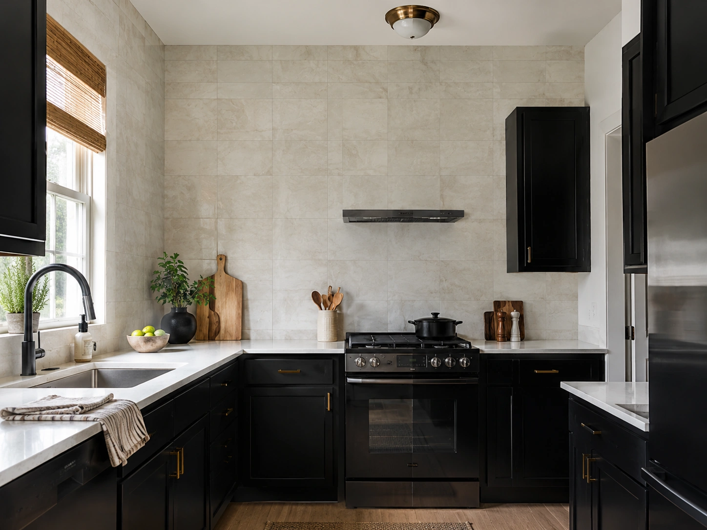 Black kitchen cabinets with full-height light tile backsplash, white counters, brass hardware, and wood accents.
