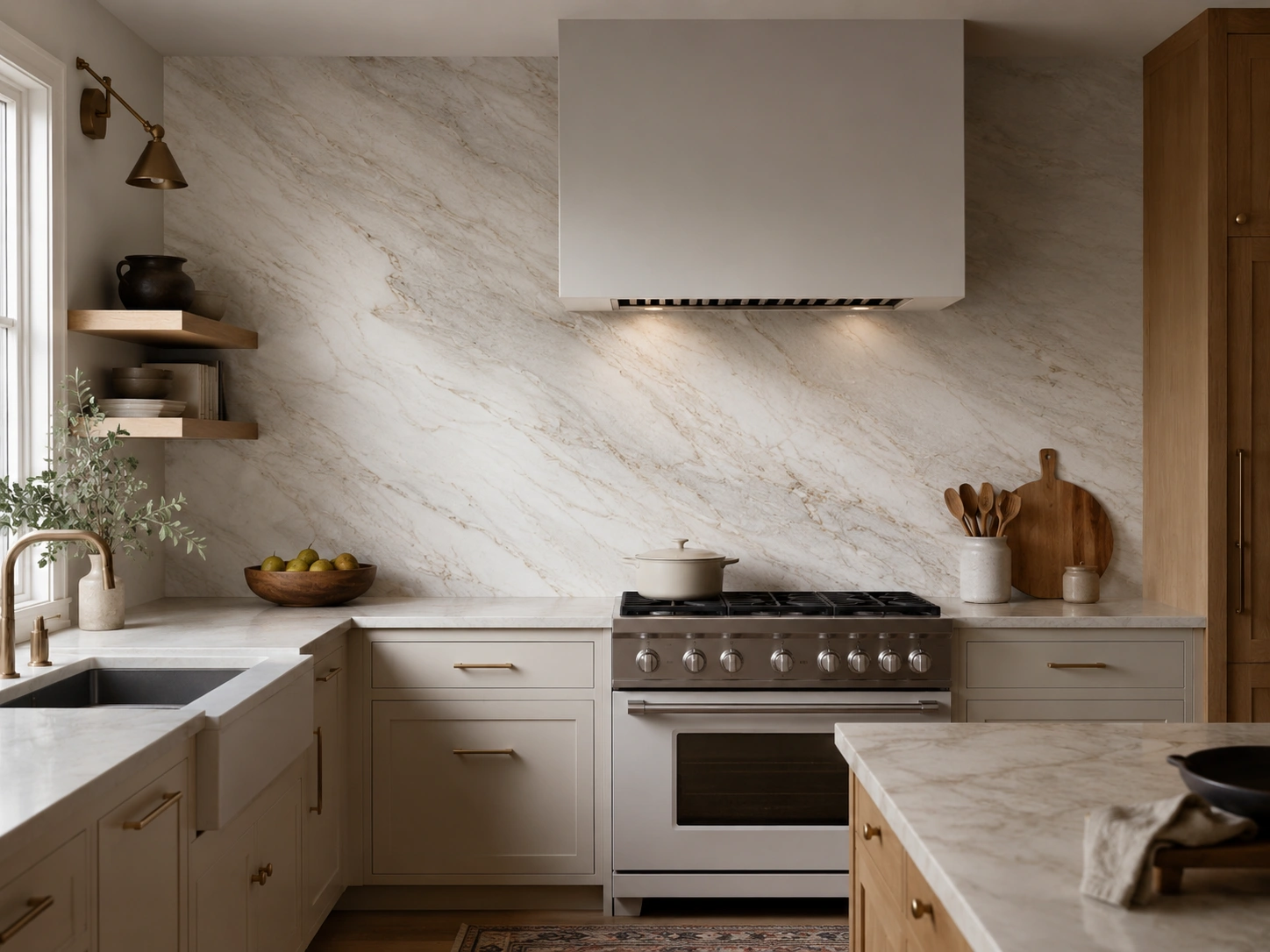 Full-height natural stone slab backsplash in a warm modern kitchen with wood cabinets and brass accents.