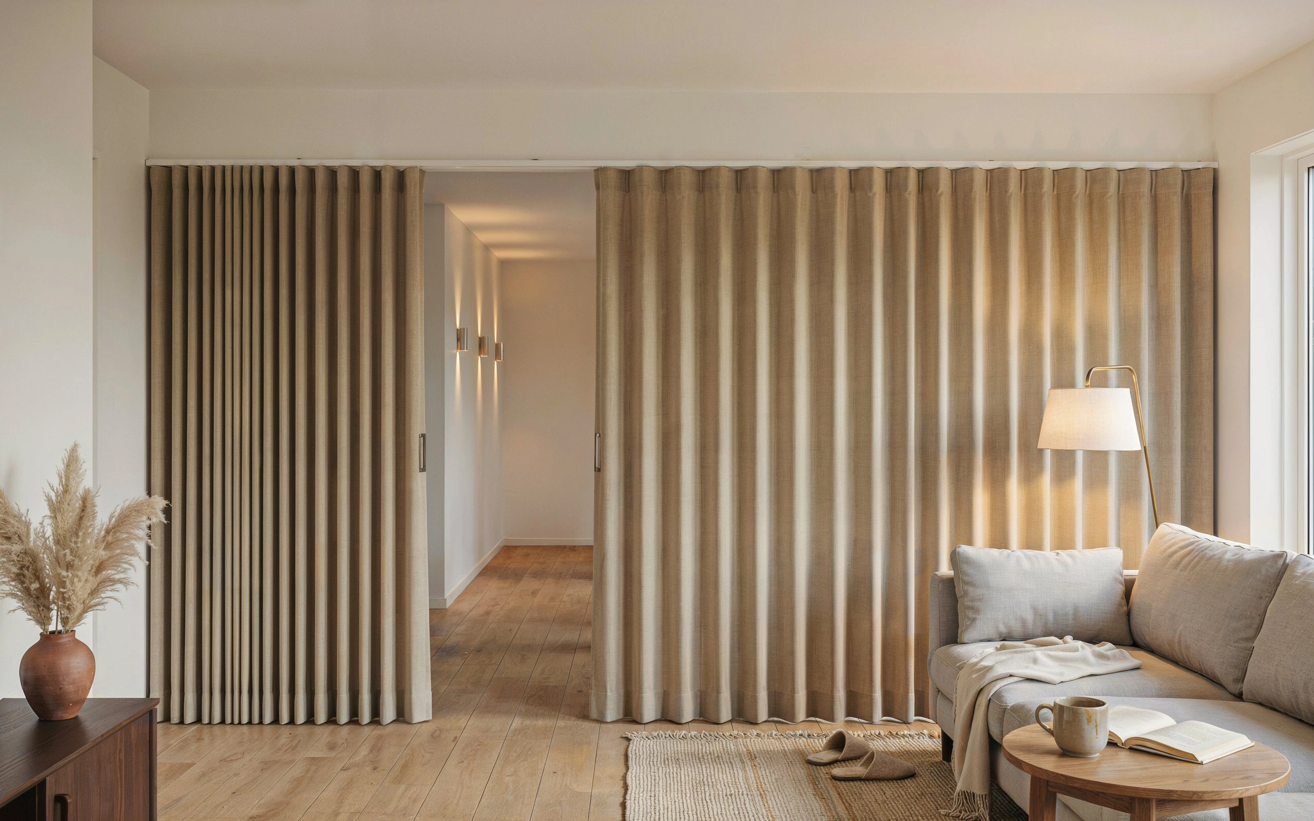 Full-width accordion fabric door dividing a cozy living room and hallway for flexible privacy