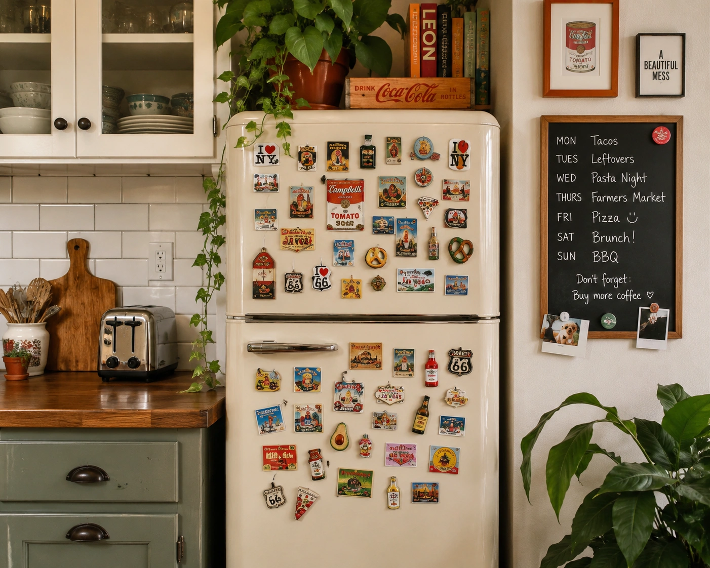 Retro cream fridge with colorful magnets beside a magnetic memo board in a cozy vintage kitchen.