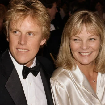 Gary Busey and Judy Helkenberg smiling together at a formal gala dinner in Los Angeles, circa 1985.
