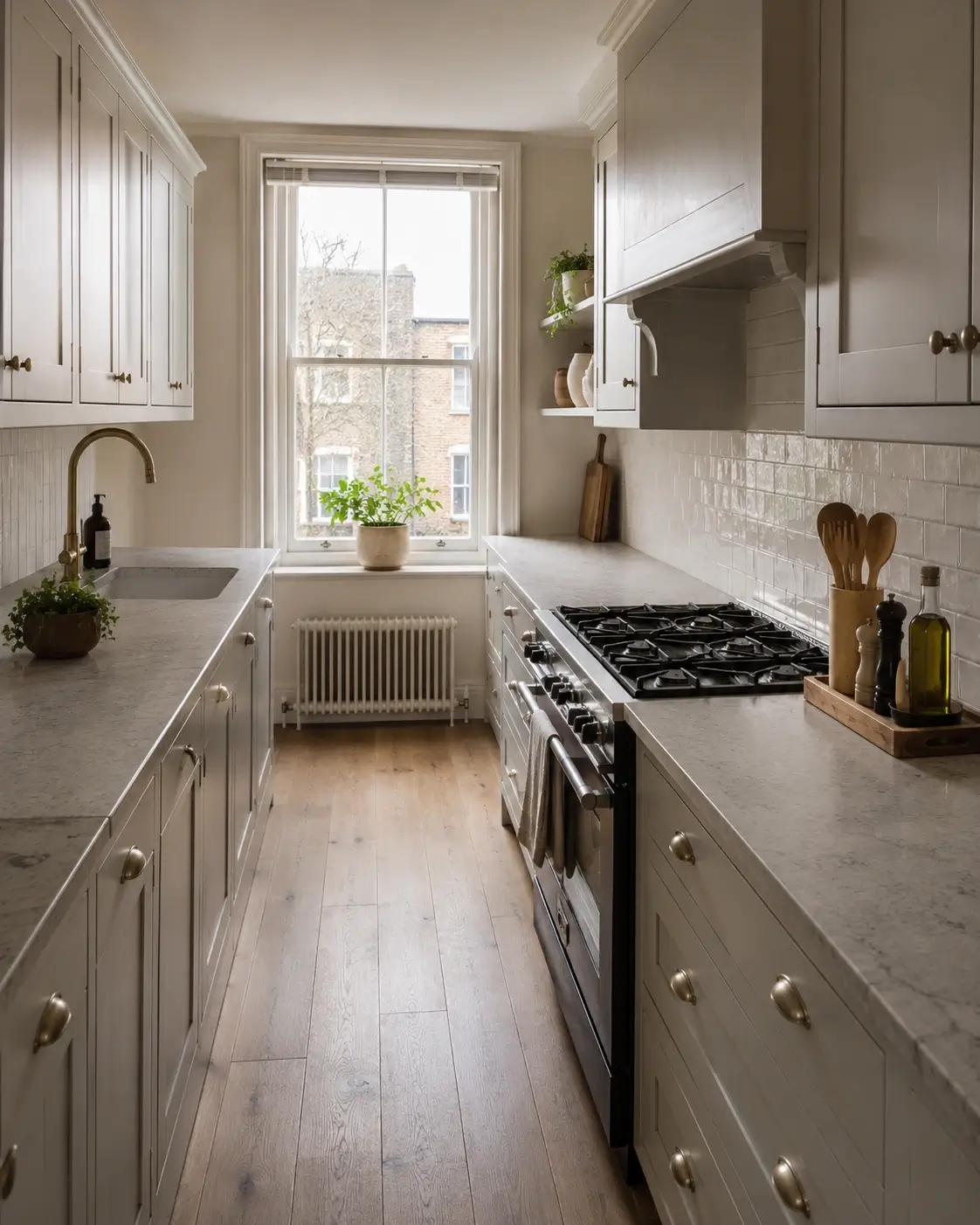 Galley kitchen counter tray with oils, salt, pepper, and wooden spoon crock beside the stove.