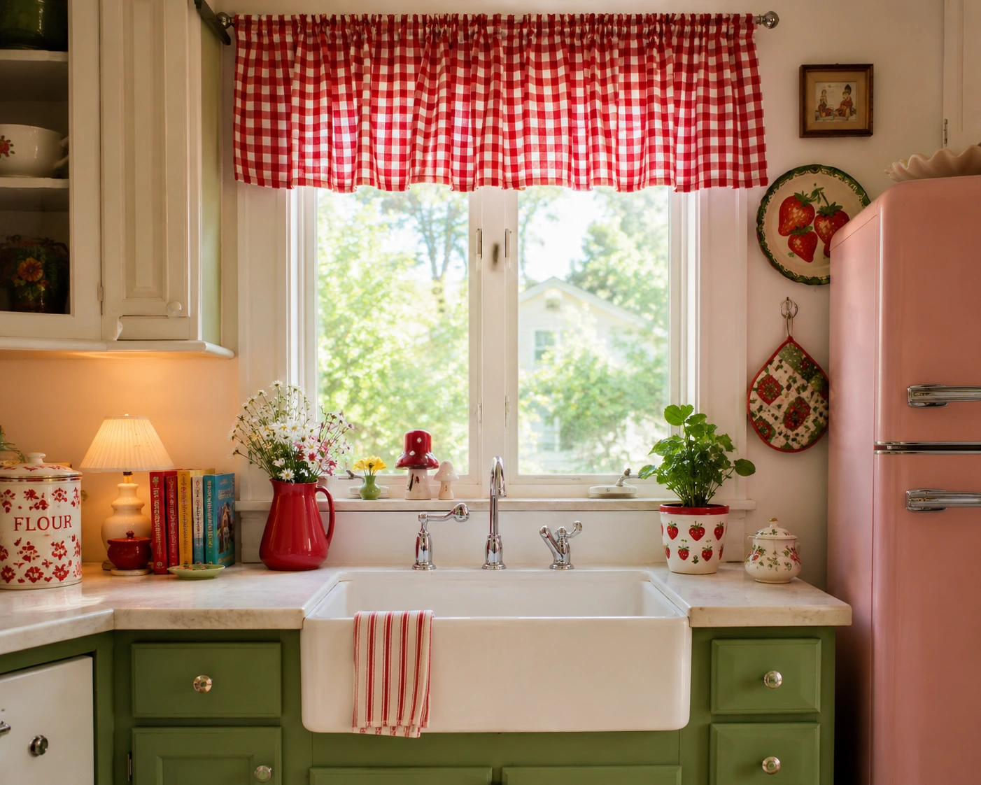 Red gingham kitchen curtains above a farmhouse sink in a retro cottage kitchen with fruit-print decor.