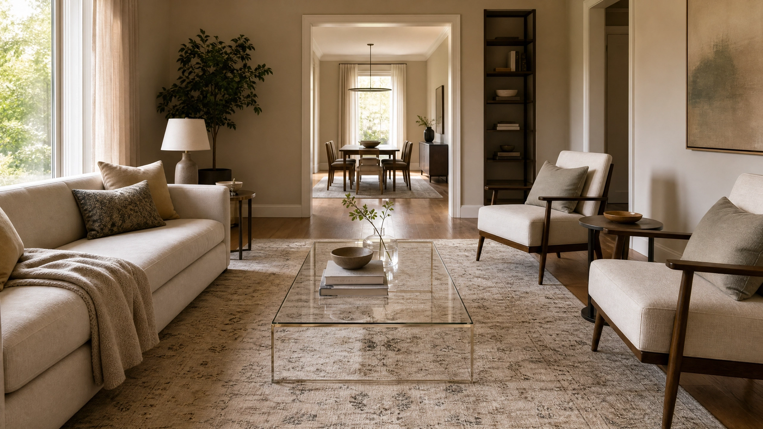 Glass coffee table keeps sight lines open in a neutral living room with sofa and armchairs.