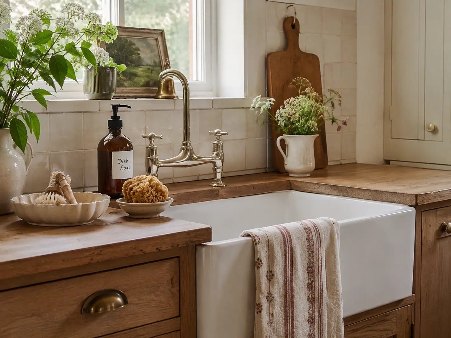 Vintage kitchen sink with amber glass dish soap dispenser and handwritten label.
