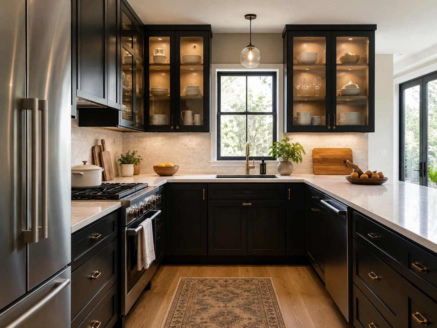 Black kitchen with glass-front upper cabinets, warm lighting, white counters, and wood flooring.
