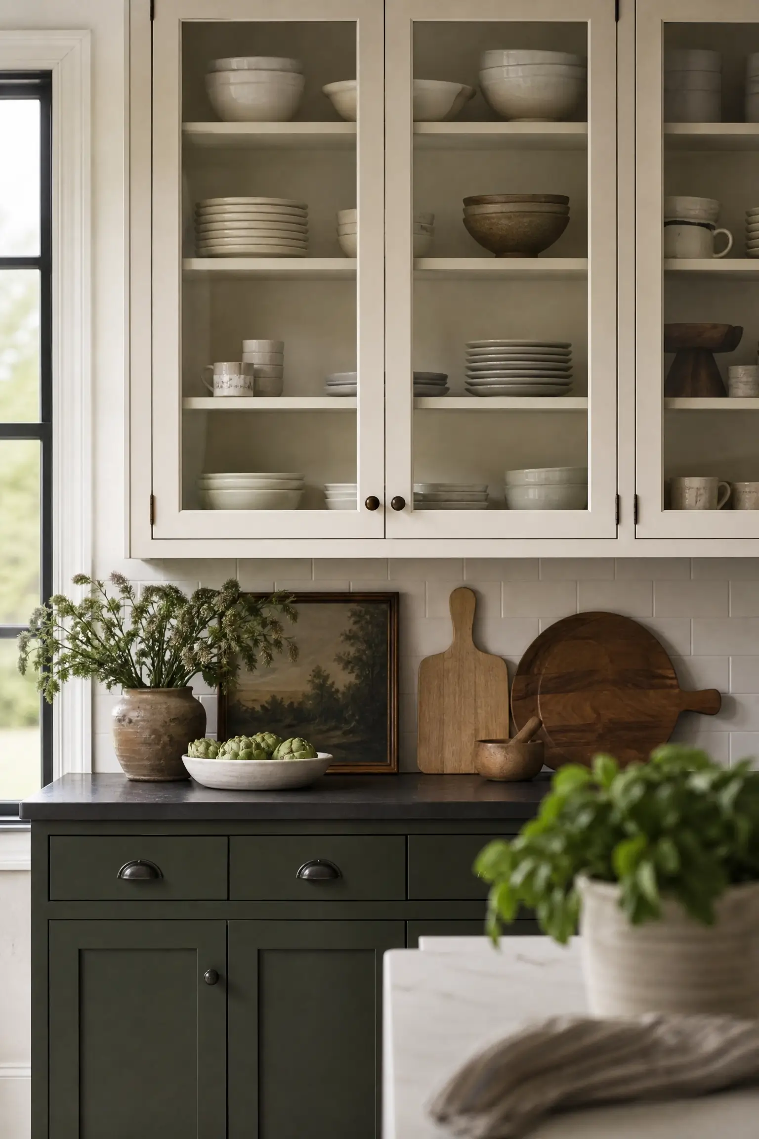 Glass-front cream upper cabinets displaying dishware above dark green kitchen lowers and black countertop.