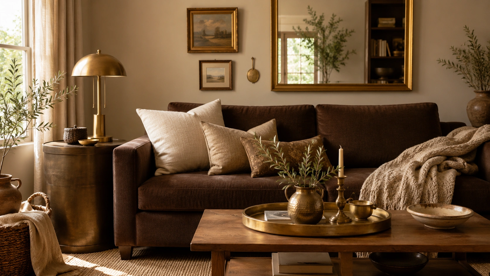 Brown sofa living room with gold mirror, brass lamp, brass tray, and warm neutral accents.