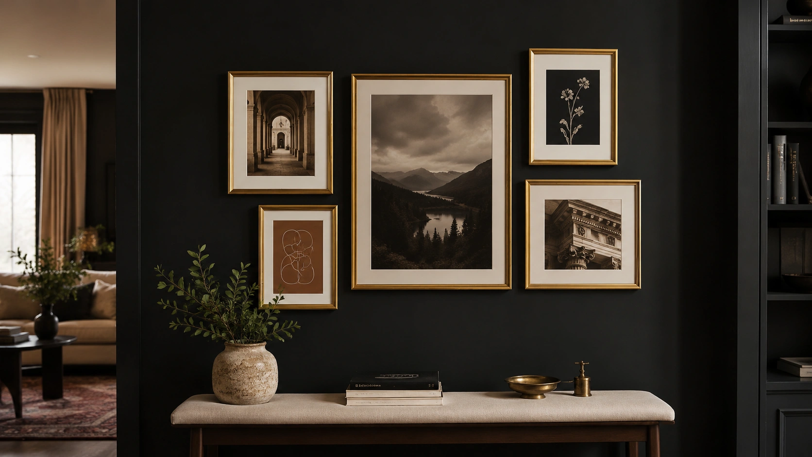 Gold-framed art prints grouped on a dark charcoal feature wall above an upholstered bench.