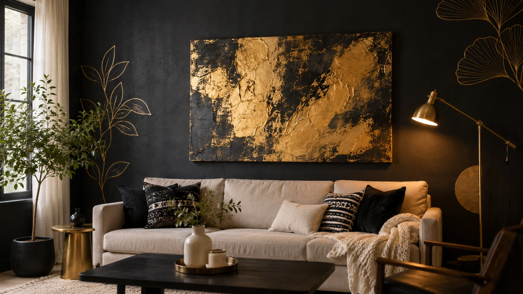 Gold leaf wall art and metallic decals on a dark accent wall above a beige living room sofa.