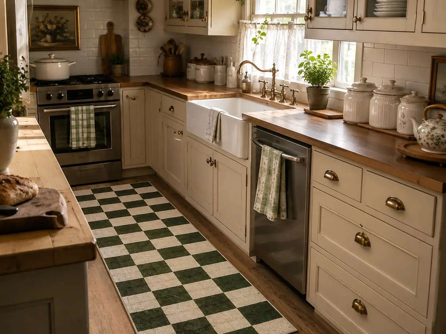 Grandmacore kitchen with a green and cream checkered floor runner, cream cabinets, wood counters, and brass hardware.